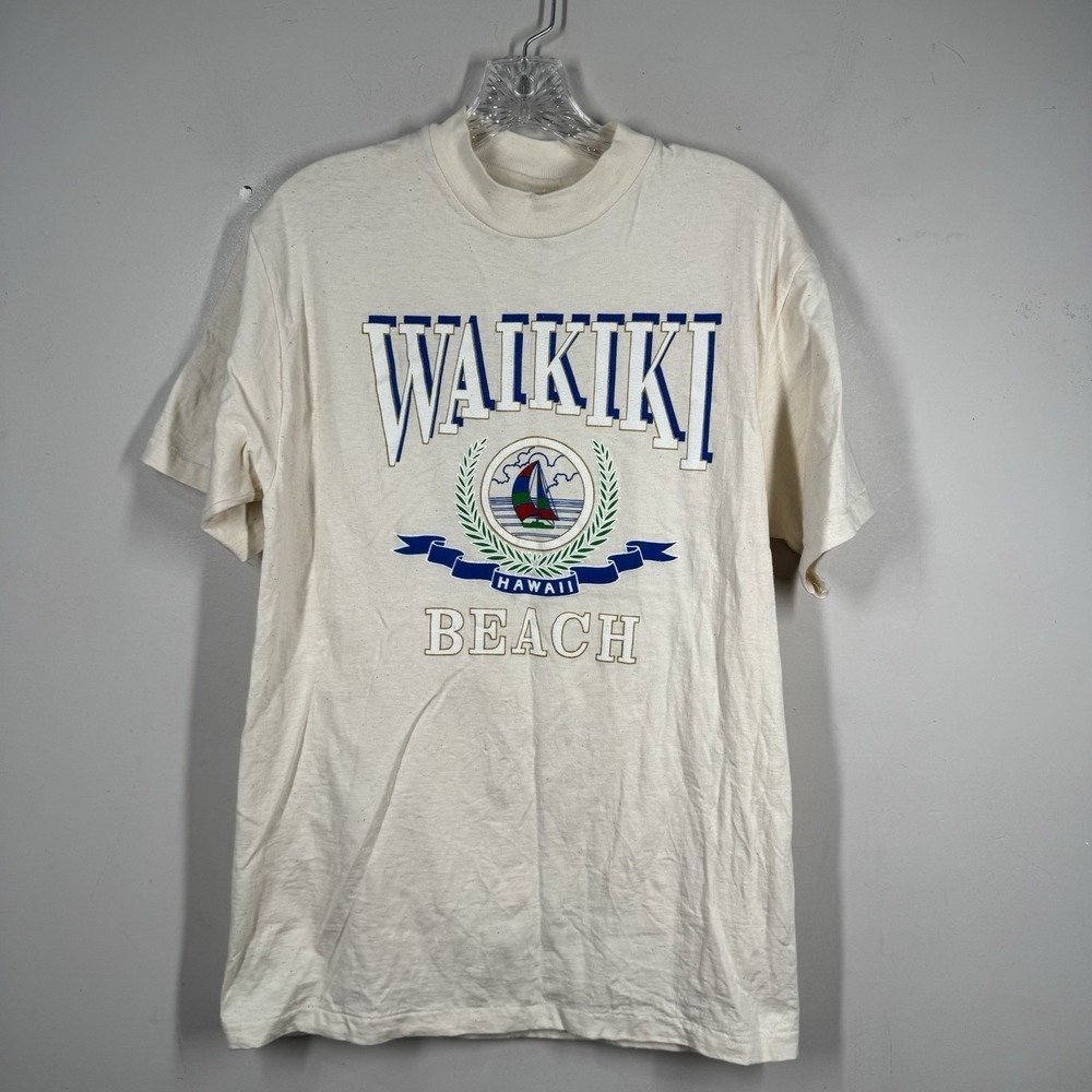 Vtg Hawaii Waikiki Beach Ivory Confetti T Shirt Hanes Beefy T Single Stitch Sz M